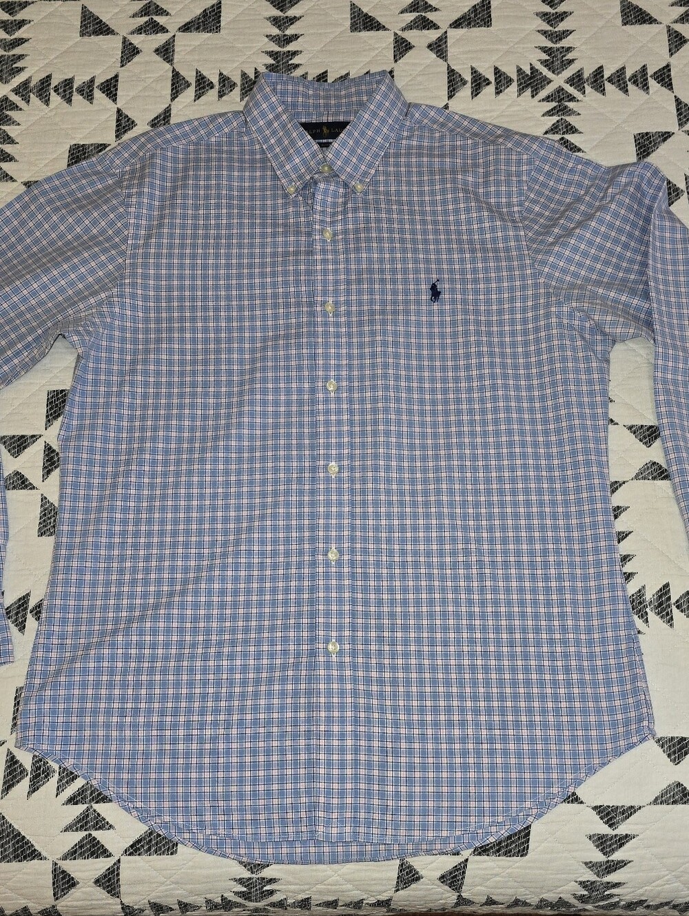 16.5(34-35) - Ralph Lauren Mens Light Blue and White Mini Plaid Shirt. FLAWLESS.
